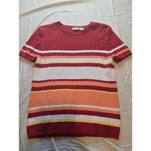 Vtg Y2K Cherokee Women's L Striped Knit Top Short Sleeve Red Orange Yellow White